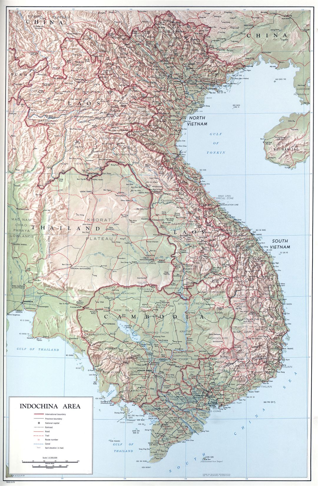 Large scale political map of Indochina with relief, roads and cities - 1970