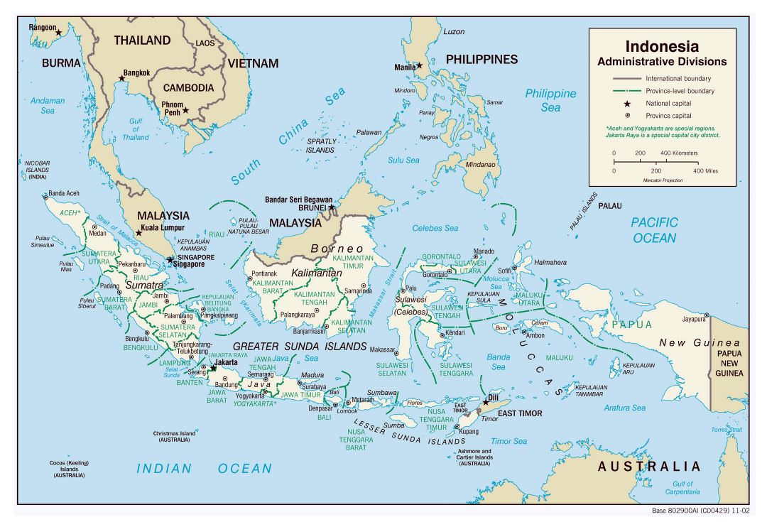 Large detailed administrative divisions map of Indonesia with major cities - 2002