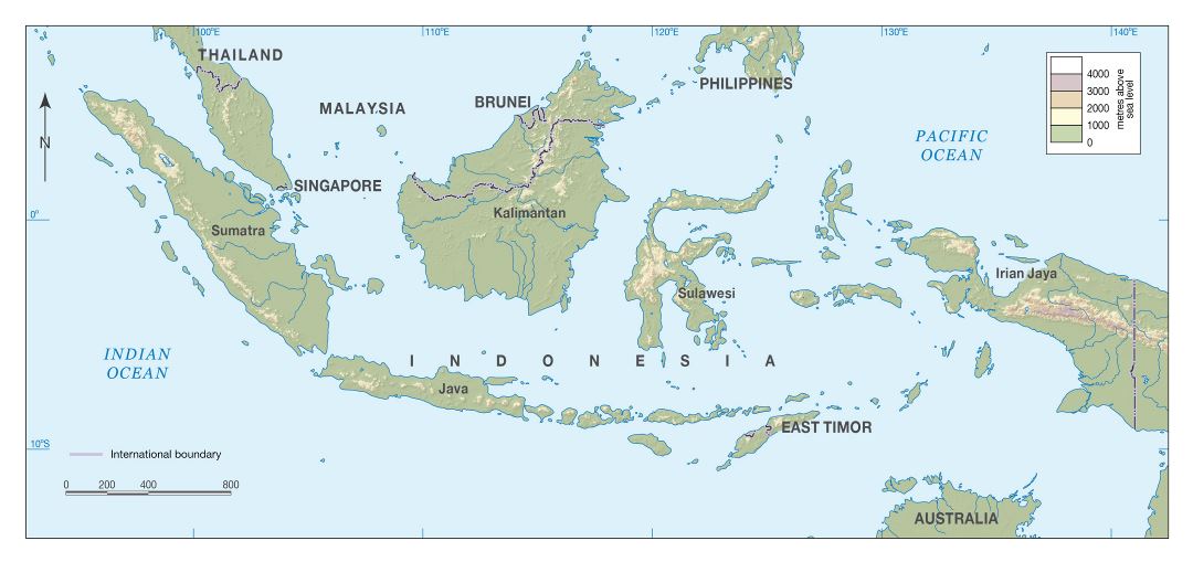 Large detailed elevation map of Indonesia