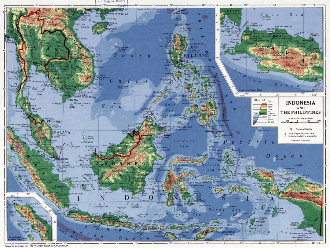 Large detailed physical map of Indonesia and the Philippines - 1952
