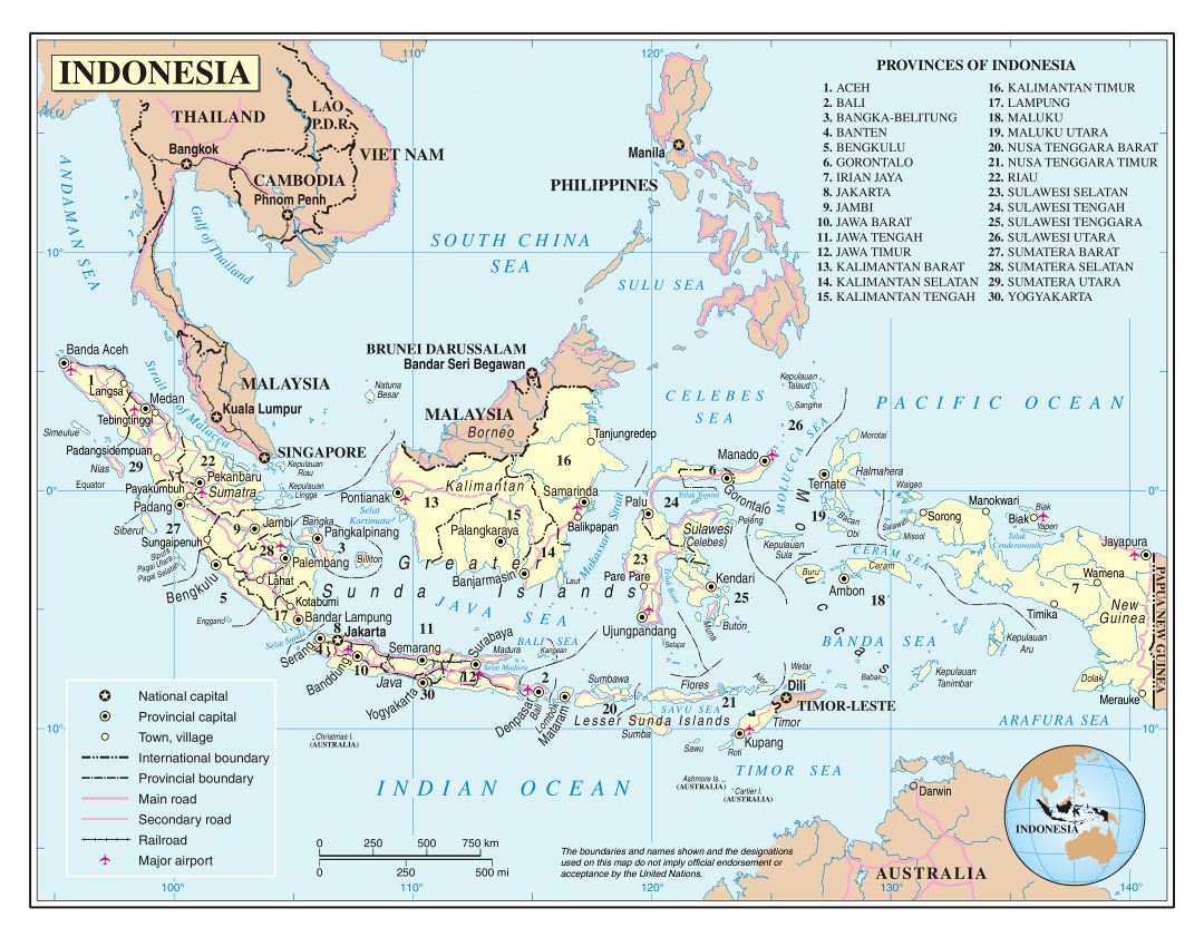 Large detailed political and administrative map of Indonesia with roads, major cities and airports