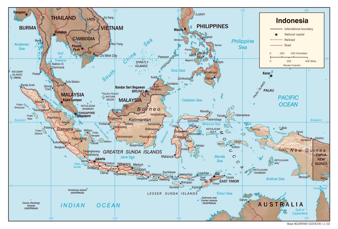 Large detailed political map of Indonesia with relief, roads and major cities - 2002
