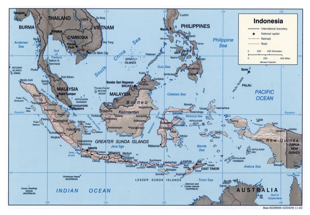 Large detailed political map of Indonesia with relief, roads, railroads and major cities - 2002