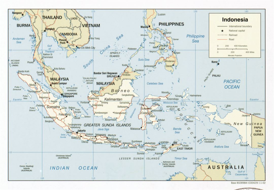 Large detailed political map of Indonesia with roads, railroads and major cities - 2002