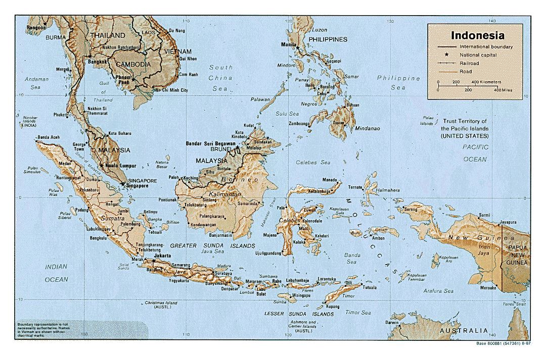 Large political map of Indonesia with relief, roads and major cities - 1987