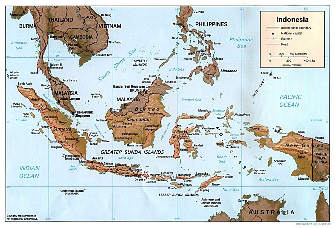 Large political map of Indonesia with relief, roads and major cities - 1998