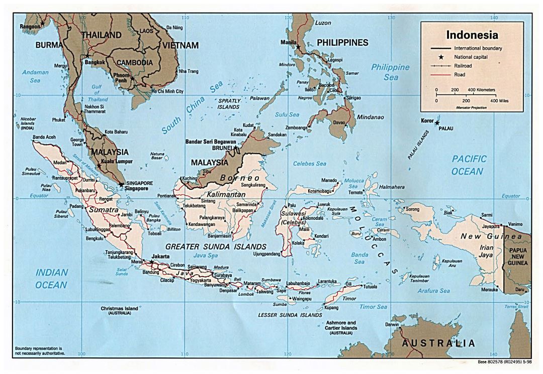 Large political map of Indonesia with roads and major cities - 1998