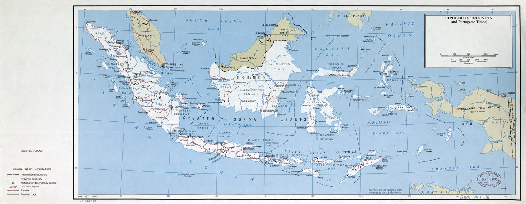 Large scale political and administrative map of Republic of Indonesia with roads, railroads and major cities - 1961