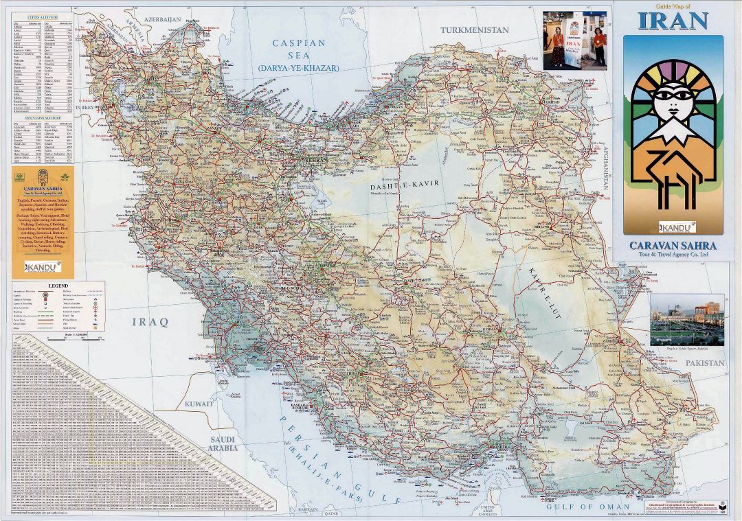 Large detailed guide map of Iran with all roads and cities