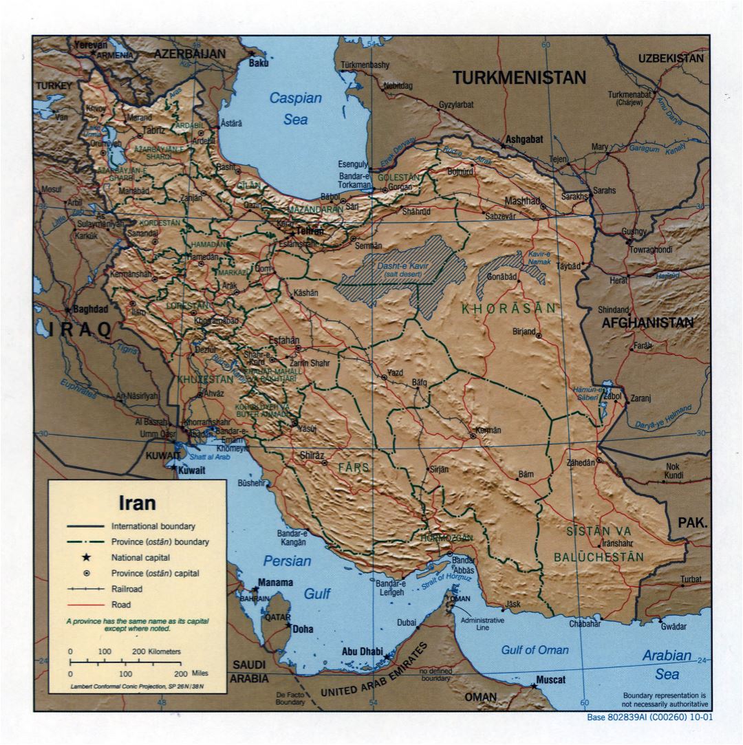 Large detailed political and administrative map of Iran with relief, roads, railroads and cities - 2001