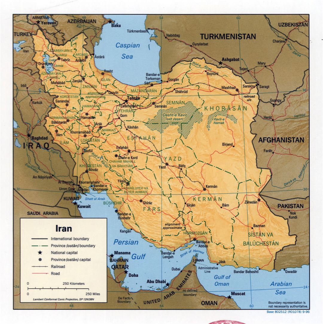 Large detailed political and administrative map of Iran with relief, roads, railroads and major cities - 1996