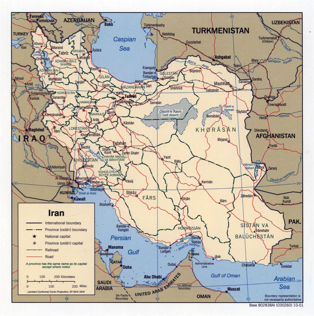 Large detailed political and administrative map of Iran with roads, railroads and cities - 2001