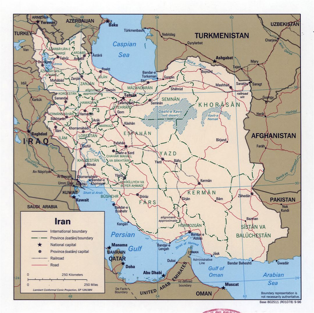 Large detailed political and administrative map of Iran with roads, railroads and major cities - 1996