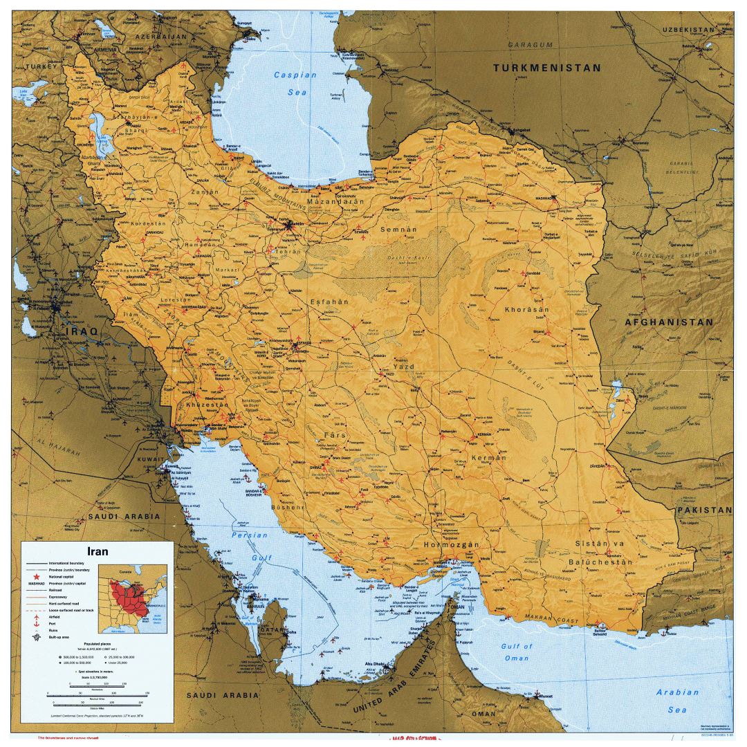 Large detailed political map of Iran with relief, all roads, railroads, cities, ports and airports - 1996