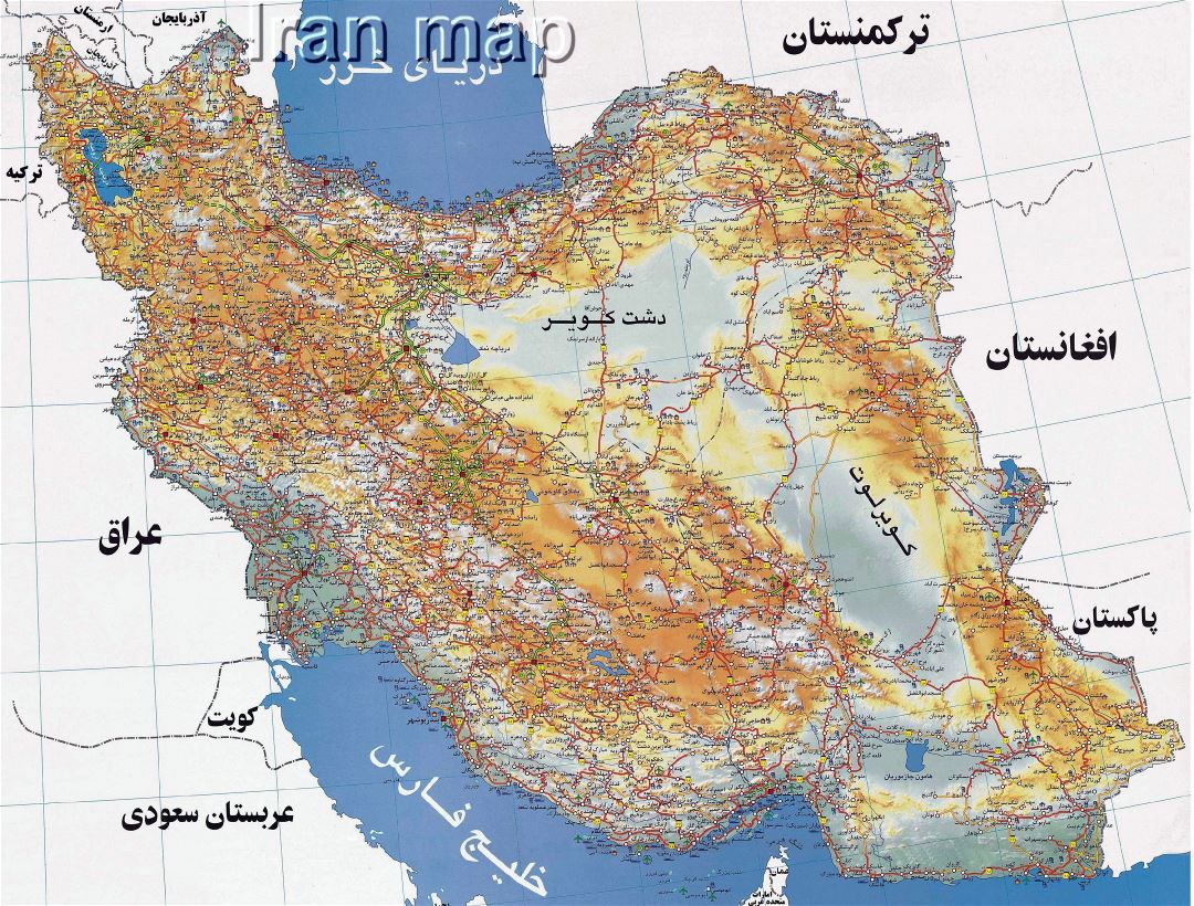 Large detailed road map of Iran in persian