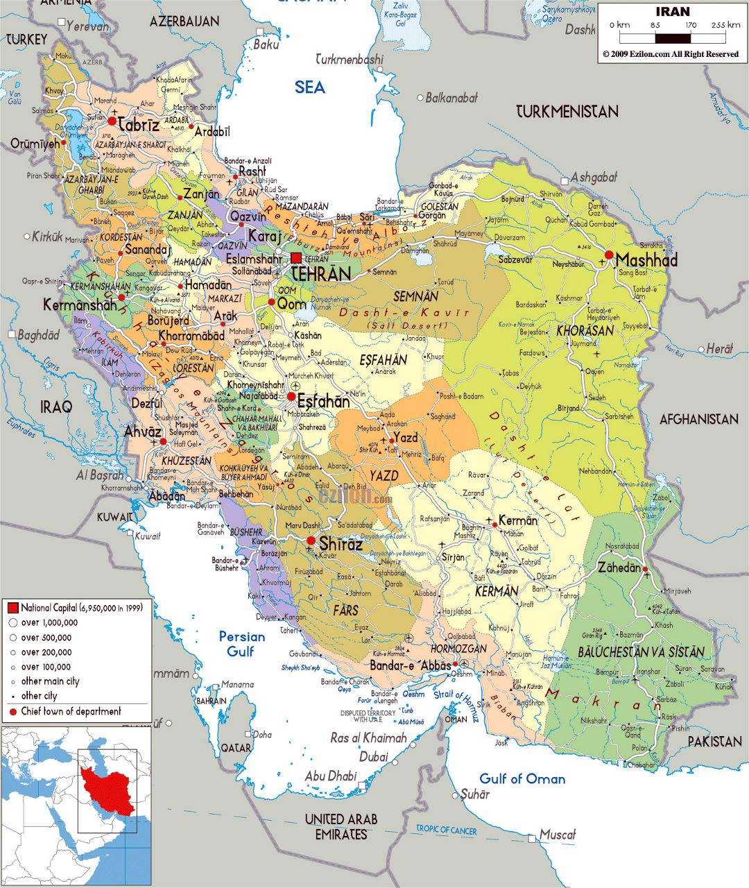 Large political and administrative map of Iran with all cities, roads and airports