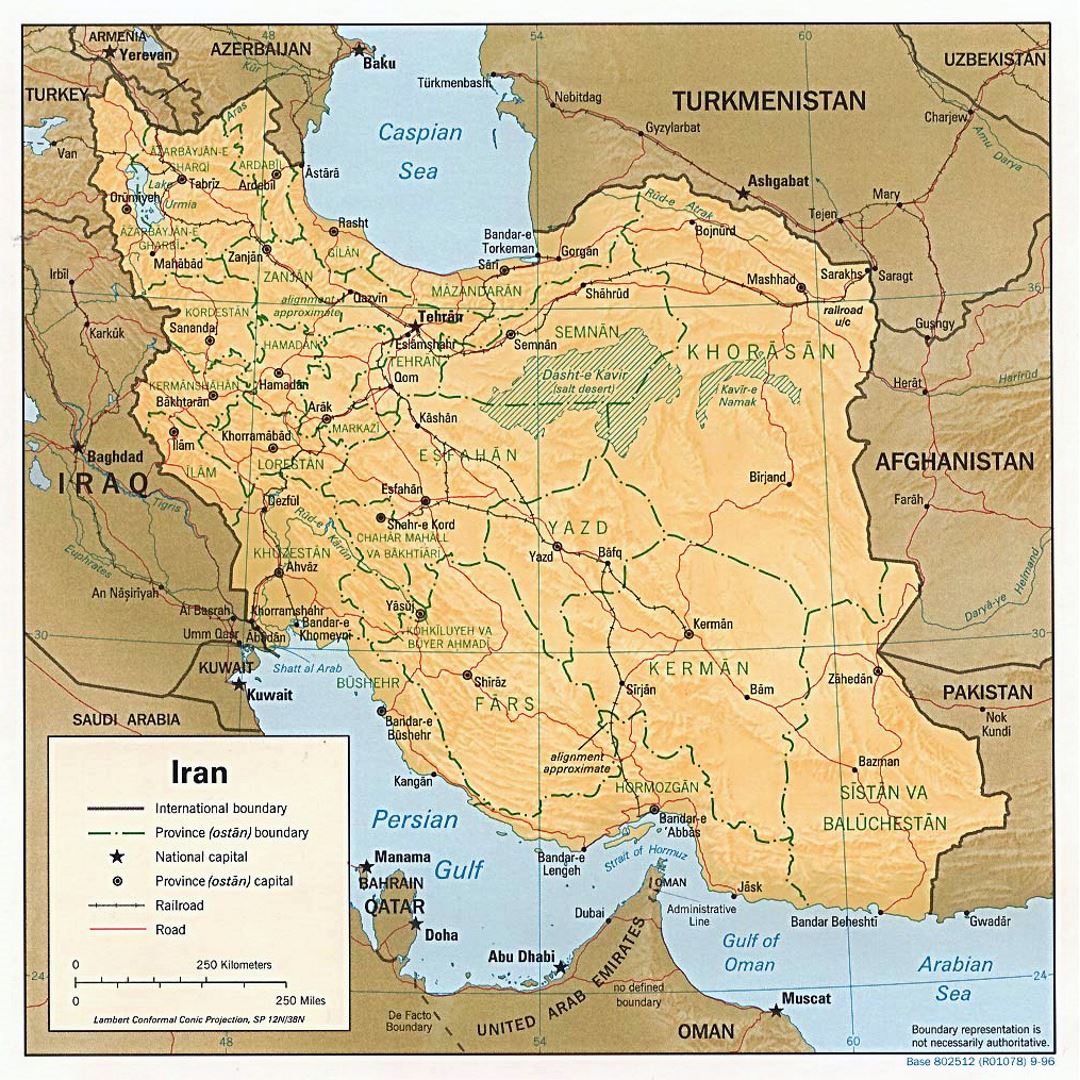 Large political and administrative map of Iran with relief, roads, railroads and cities - 1996