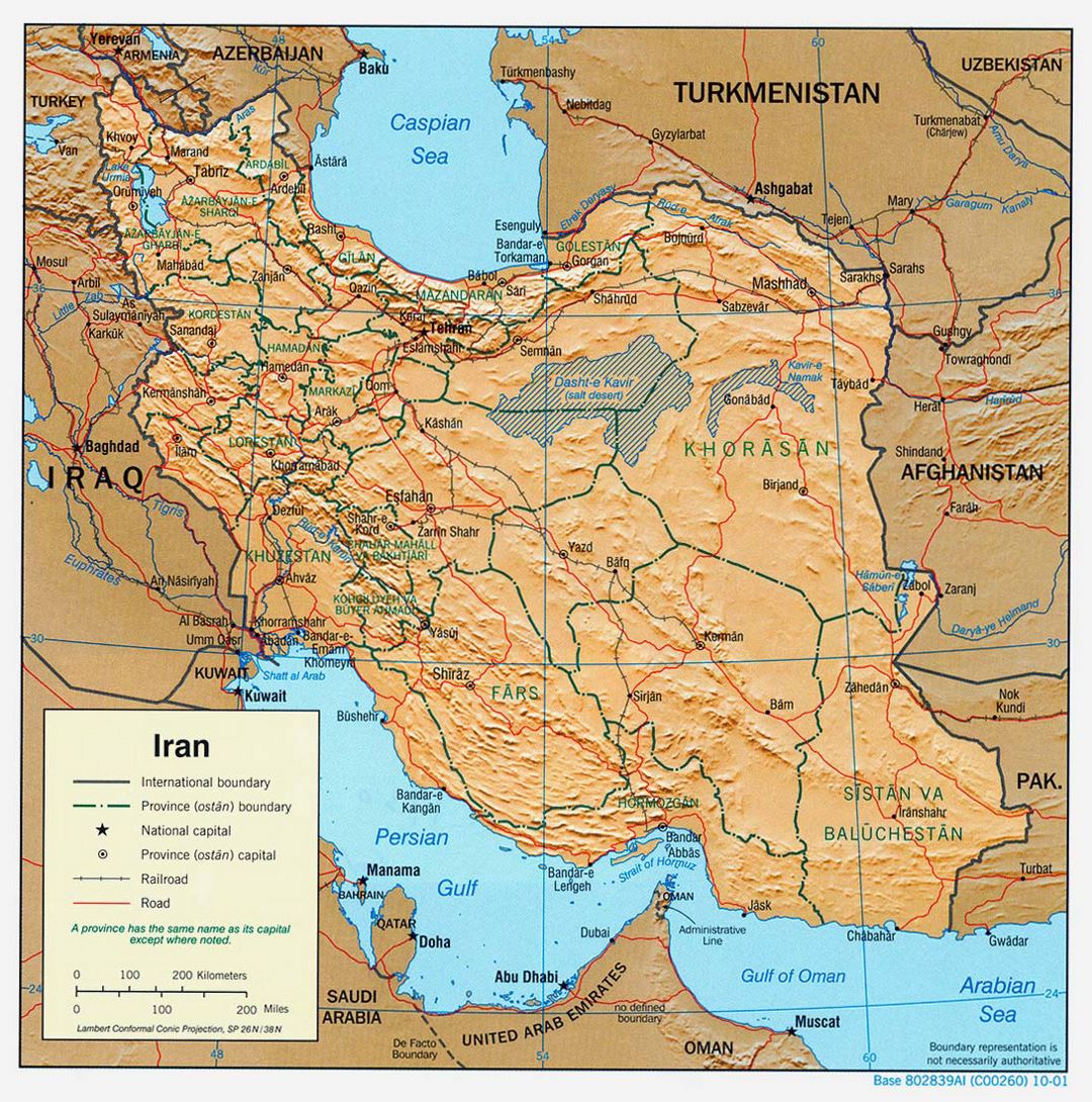 Large political and administrative map of Iran with relief, roads, railroads and major cities - 2001