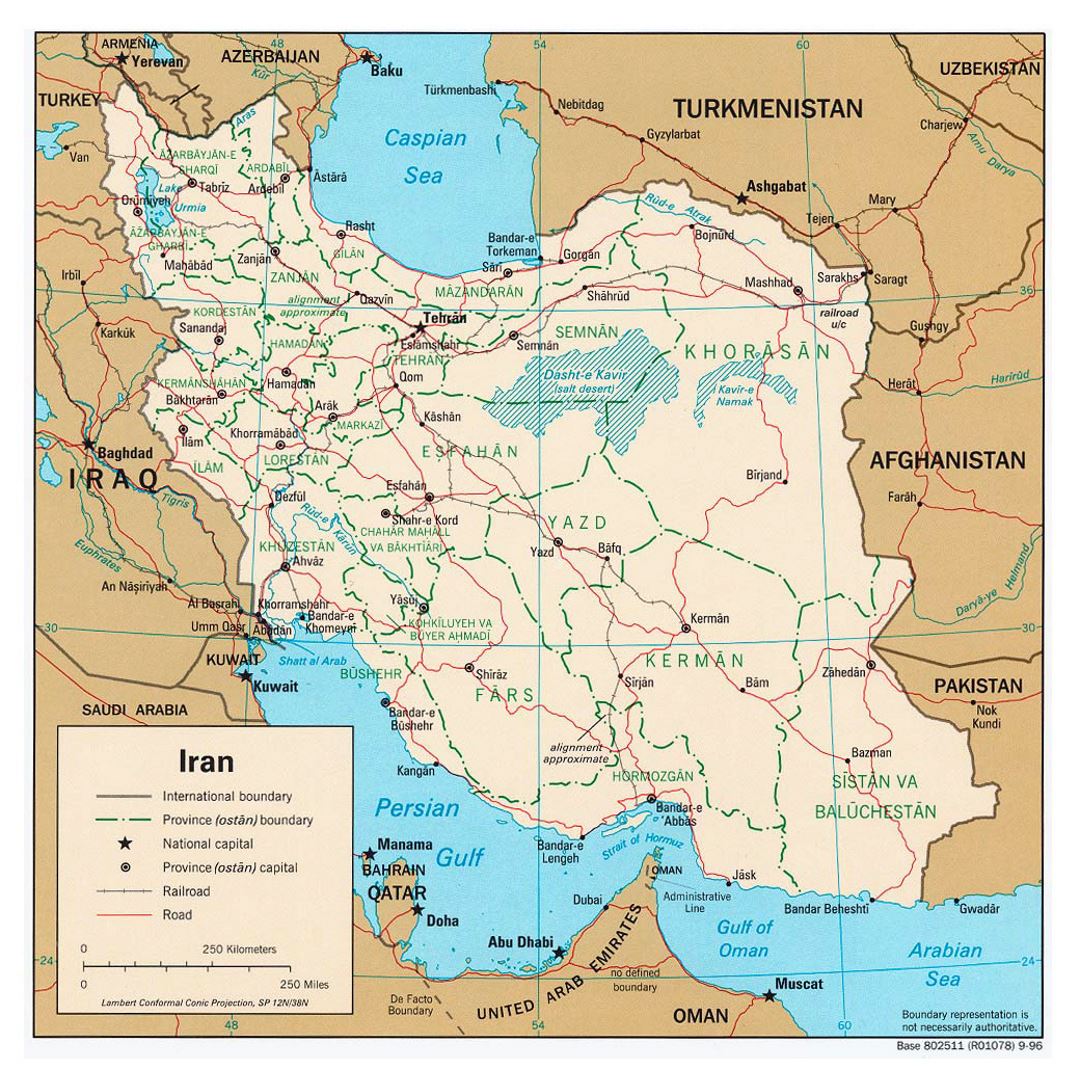 Large political and administrative map of Iran with roads, railroads and cities - 1996