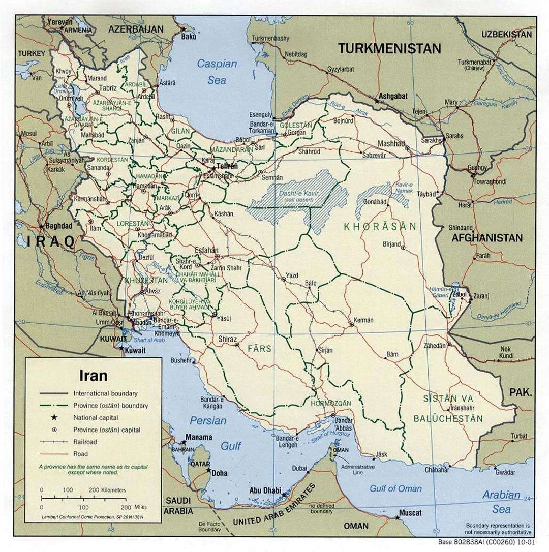Large political and administrative map of Iran with roads, railroads and major cities - 2001