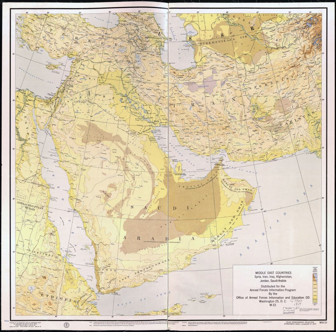Large scale detailed old map of Middle East countries - Syria, Iran, Iraq, Afghanistan, Jordan and Saudi Arabia - 1955