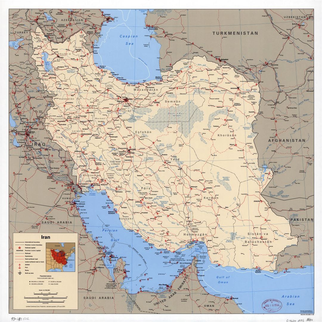 Large scale political map of Iran with all roads, railroads, cities, ports, airports and other marks - 1996