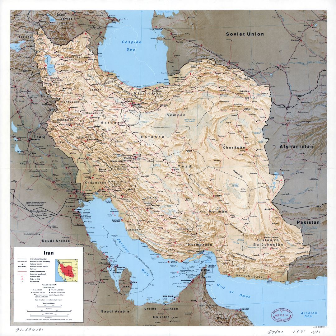 Large scale political map of Iran with relief, all roads, railroads, cities, ports, airports and other marks - 1991