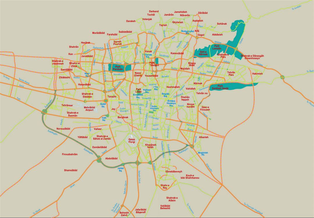 Detailed road map of Tehran city