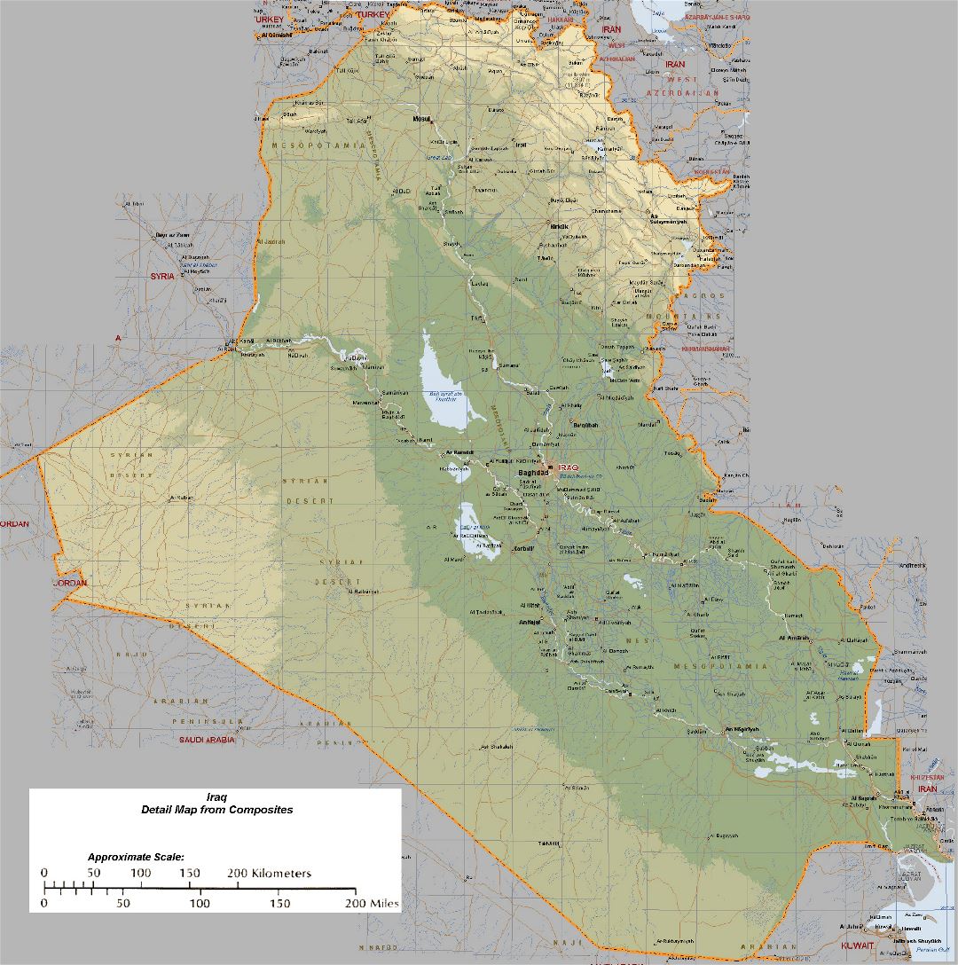 Detailed elevation map of Iraq with roads and cities