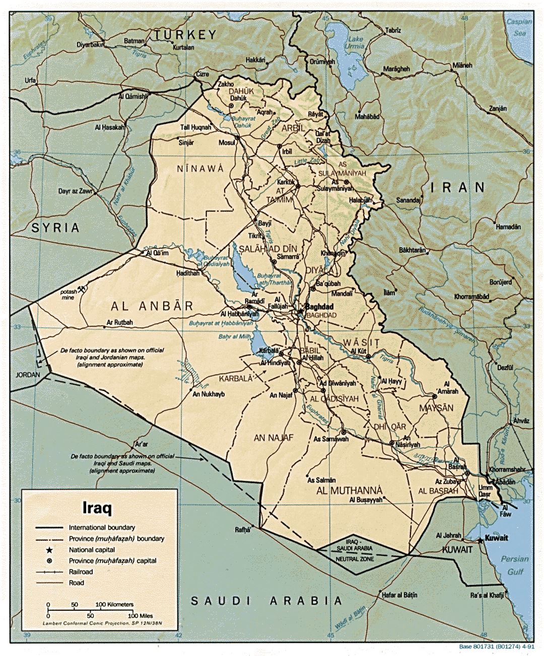 Detailed political and administrative map of Iraq with relief, roads, railroads and major cities - 1991