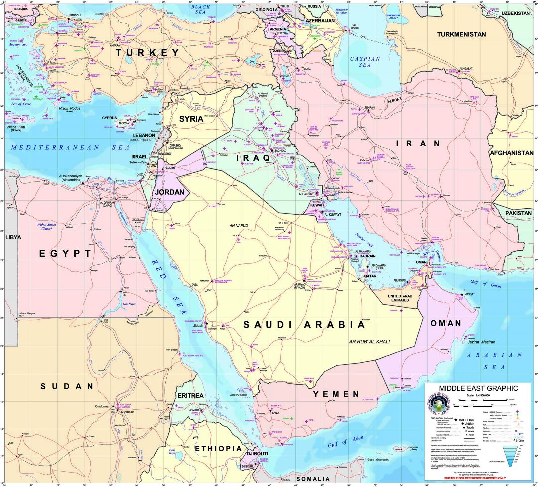 Large detailed Middle East graphic map with all air force bases - 2003