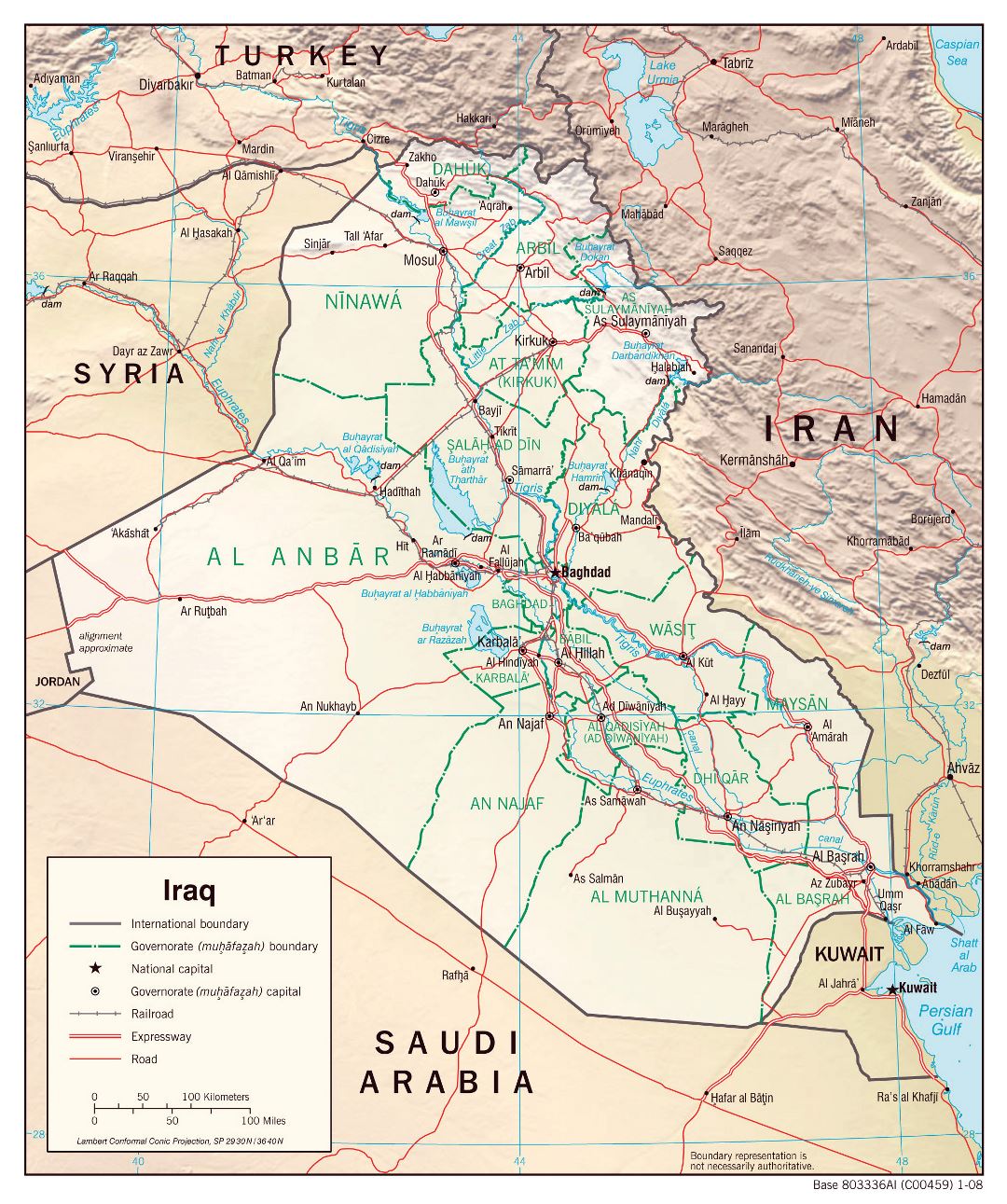 Large detailed political and administrative map of Iraq with relief, roads and cities - 2008