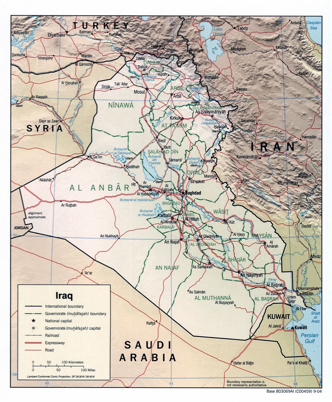 Large detailed political and administrative map of Iraq with relief, roads, expressways, railroads and major cities - 2004