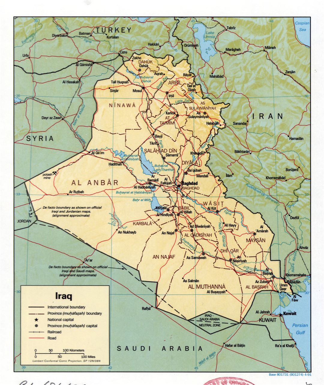 Large detailed political and administrative map of Iraq with relief, roads, railroads and major cities - 1991