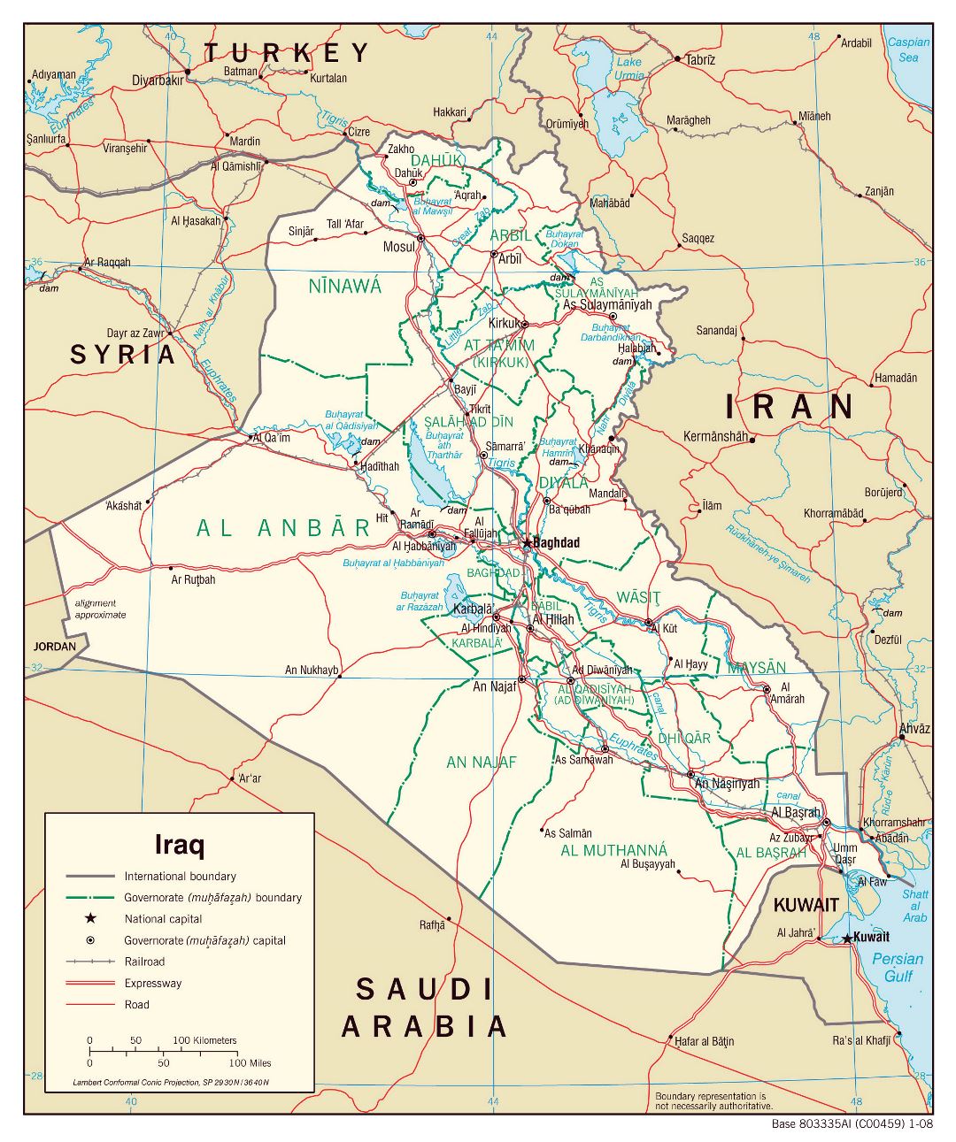 Large detailed political and administrative map of Iraq with roads and cities - 2008