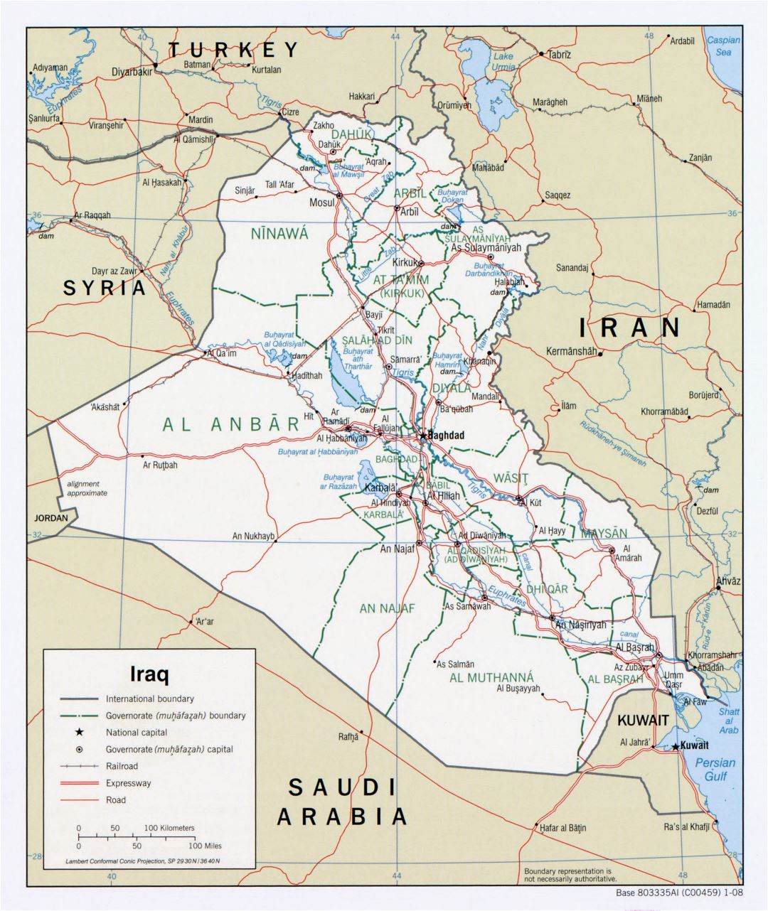 Large detailed political and administrative map of Iraq with roads, expressways, railroads and major cities - 2008