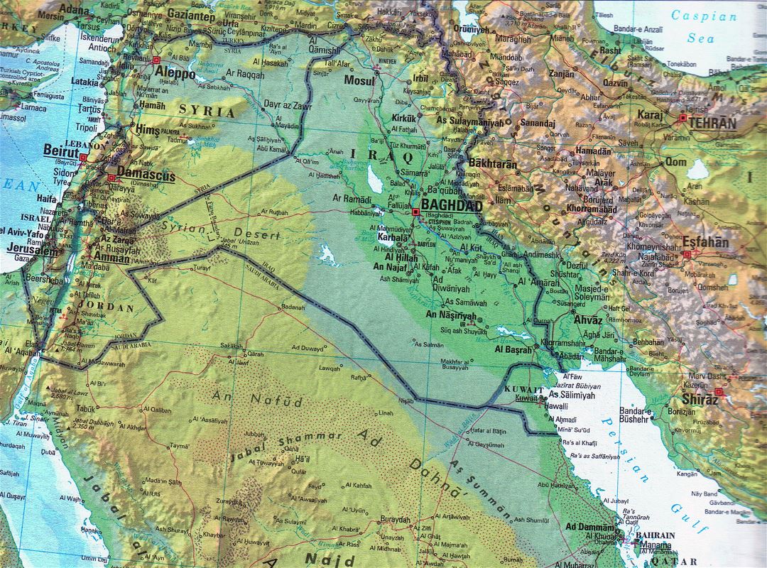 Large detailed topographical and political map of Iraq