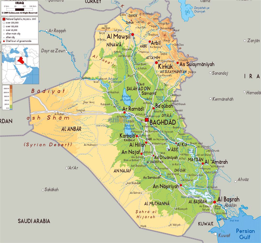 Large physical map of Iraq with roads, cities and airports