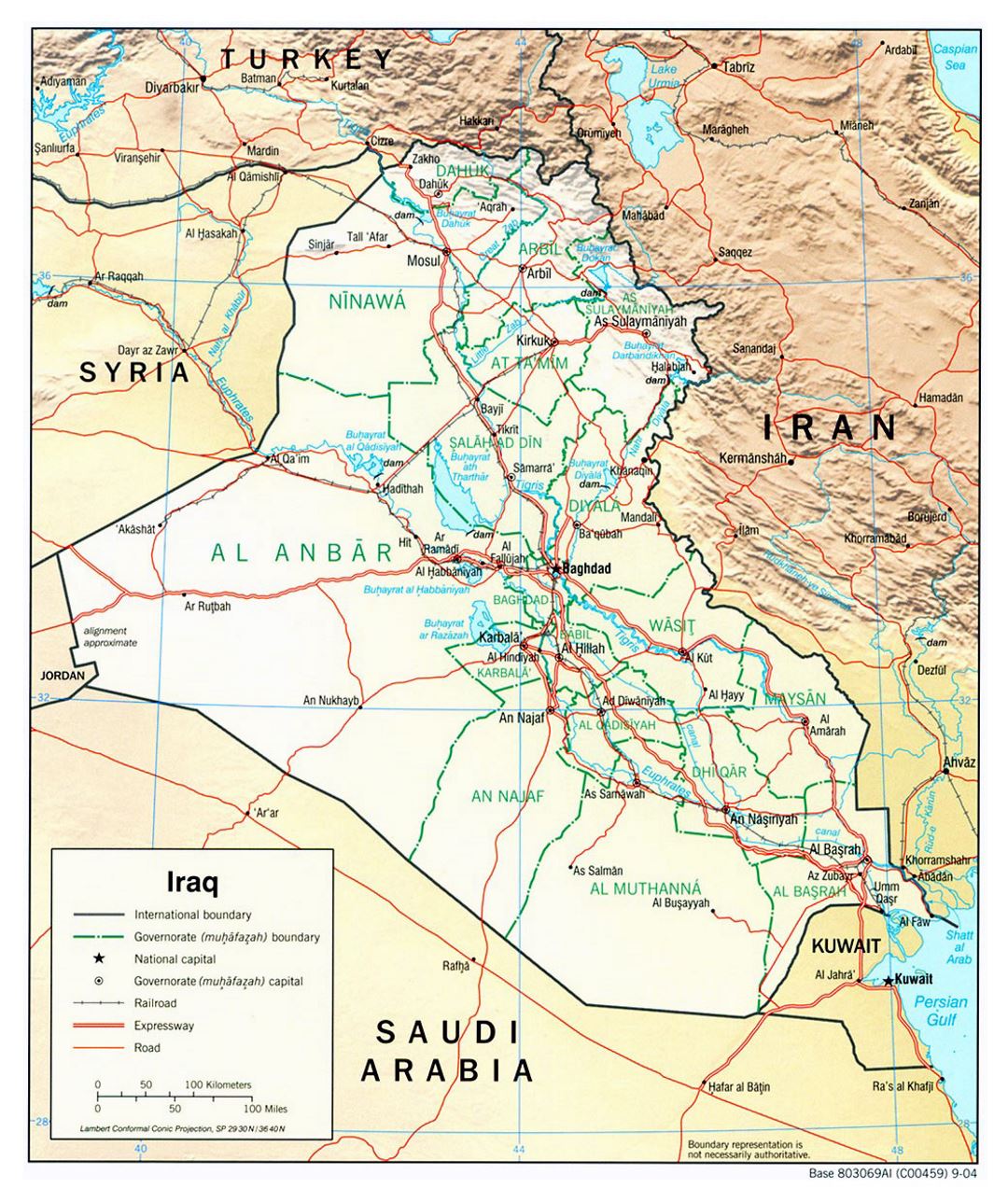 Large political and administrative map of Iraq with relief, roads and cities - 2004