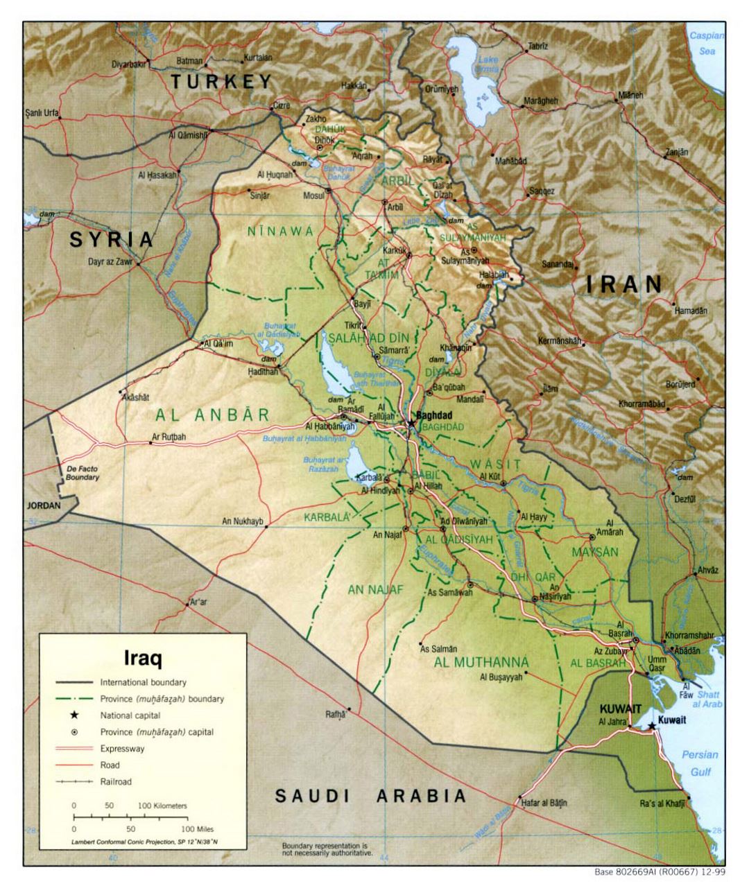 Large political and administrative map of Iraq with relief, roads, railroads and major cities - 1999