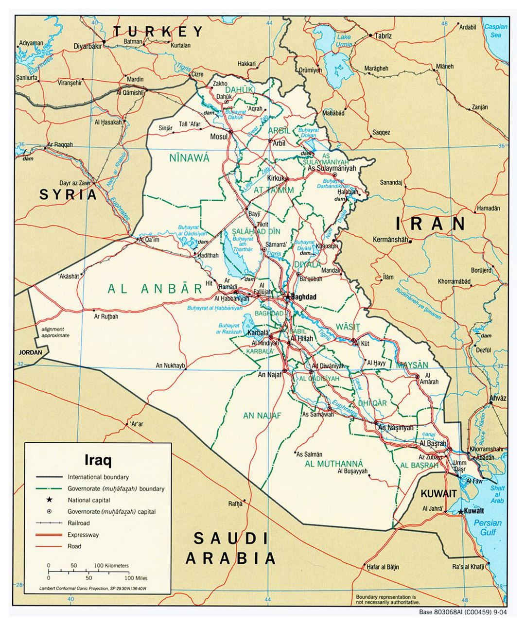 Large political and administrative map of Iraq with roads and cities - 2004