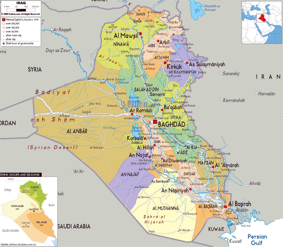 Large political and administrative map of Iraq with roads, cities and airports