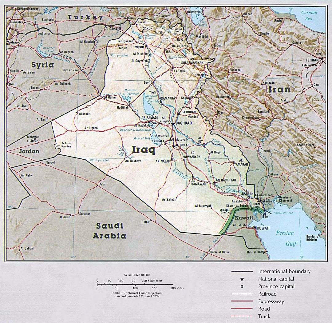 Large political map of Iraq with relief, roads, railroads and major cities