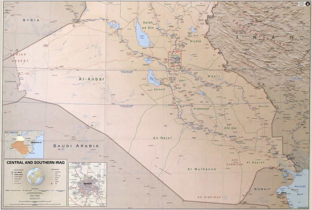 Large scale detailed political and administrative map of Central and Southern Iraq with relief, roads, railroads, cities, ports, airports and other marks - 2003