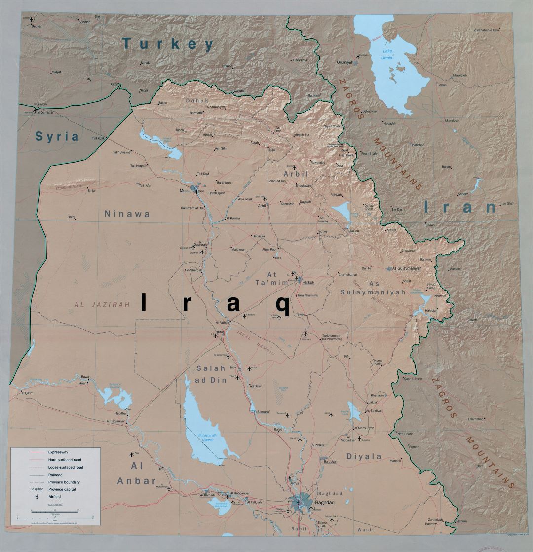 Large scale detailed political and administrative map of Northern Iraq with relief, roads, railroads, cities and airports - 2001