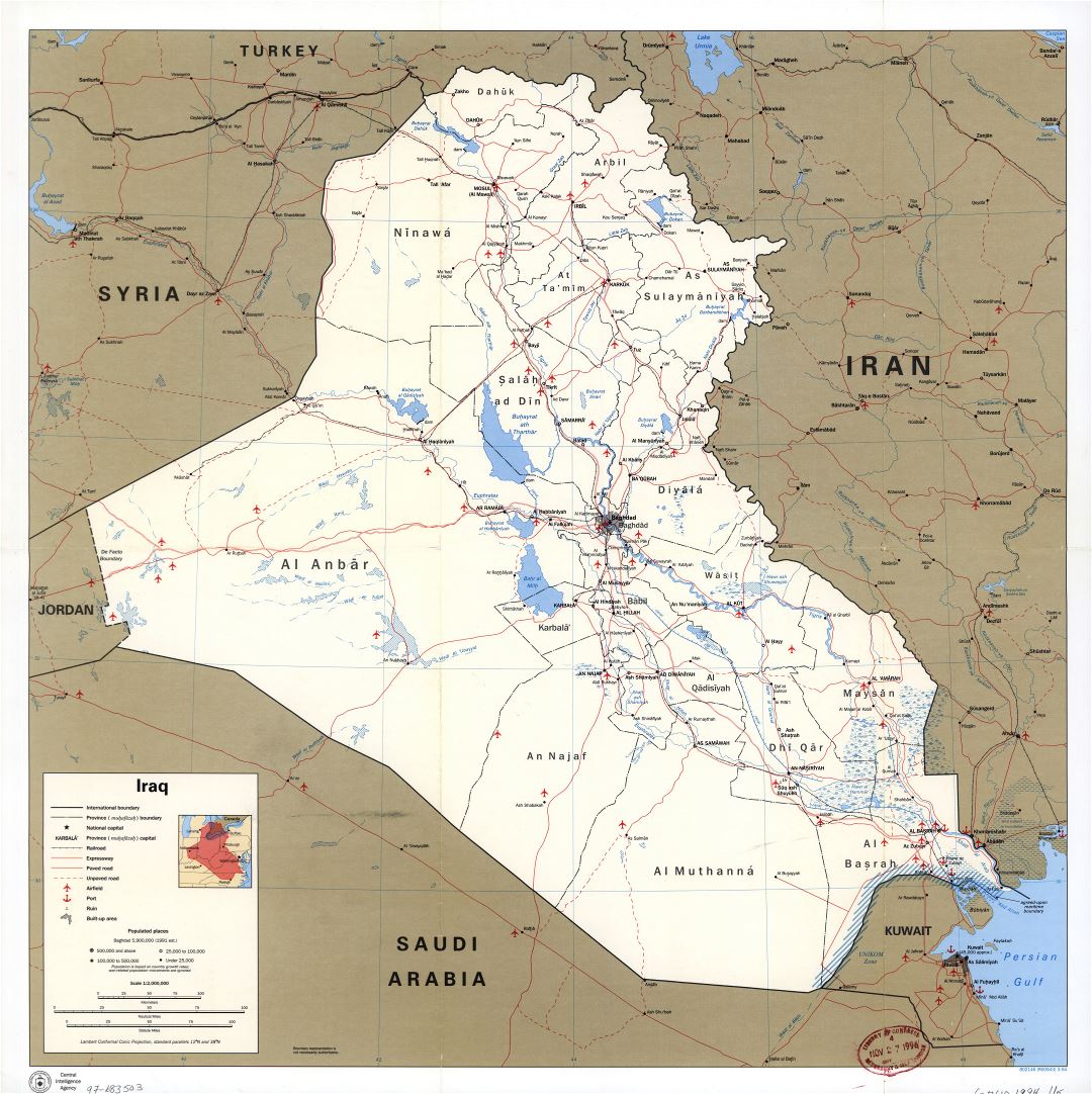 Large scale political and administrative map of Iraq with roads, railroads, cities, ports, airports and other marks - 1994