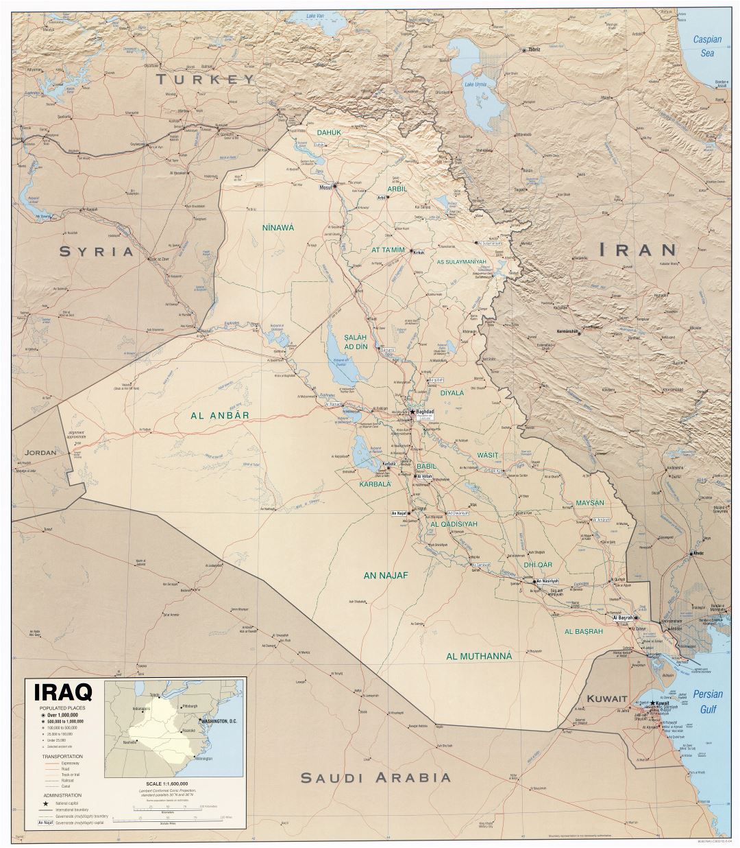 Large scale political map of Iraq with relief and other marks - 2004