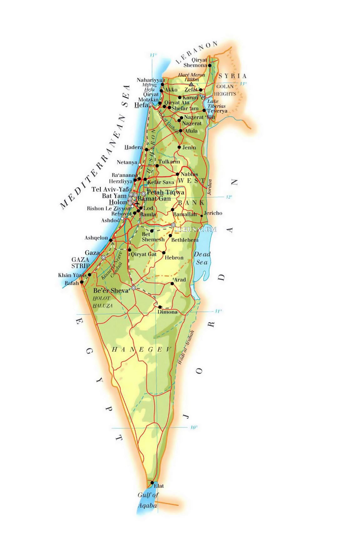 Detailed elevation map of Israel with roads, cities and airports