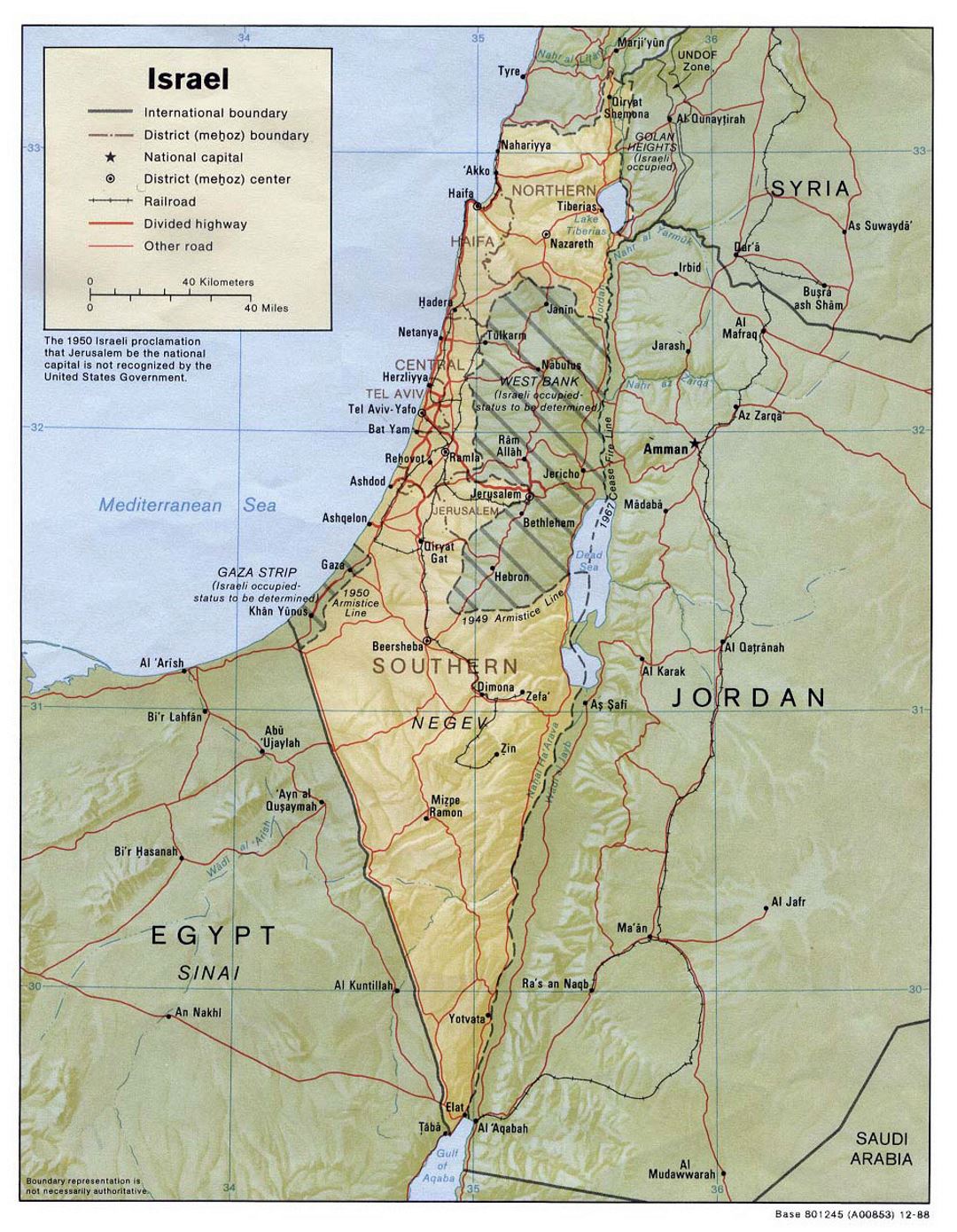 Detailed political and administrative map of Israel with relief, roads, railroads and cities - 1988