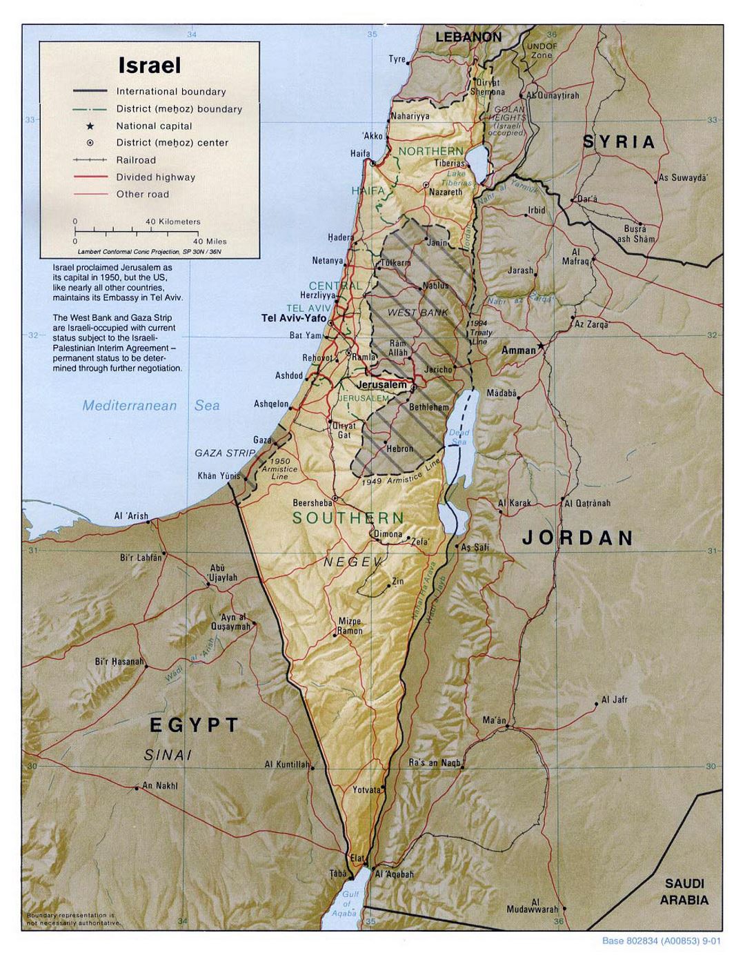 Detailed political and administrative map of Israel with relief, roads, railroads and major cities - 2001